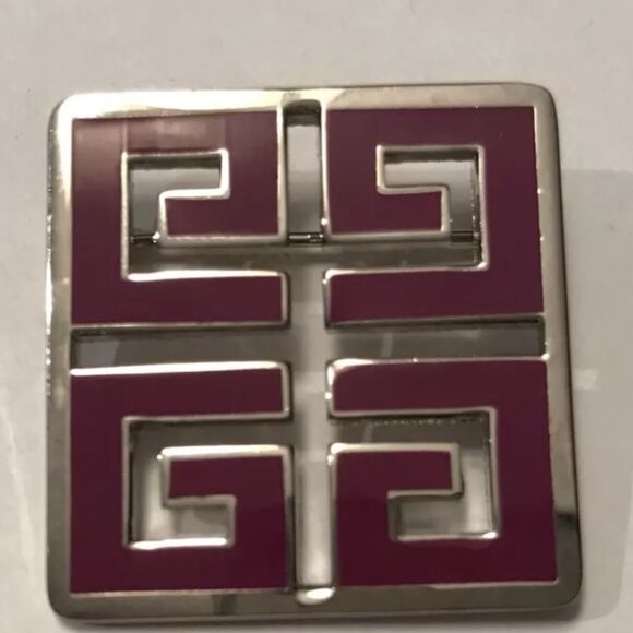 *Vintage* Givenchy *4G* Silver Tone Purple Enamel Logo Square Pin Brooch - Picture 3 of 4